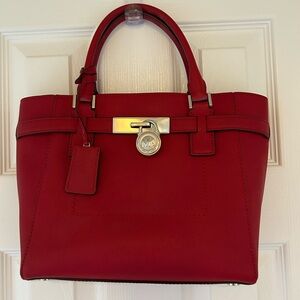 Michael Kors Red Structured Saffiano Tote with Signature Lock